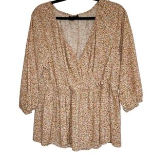 Lane Bryant Cross Over Front Ditsy Floral Peach/Tan/Pink Peasant Blouse Size 16